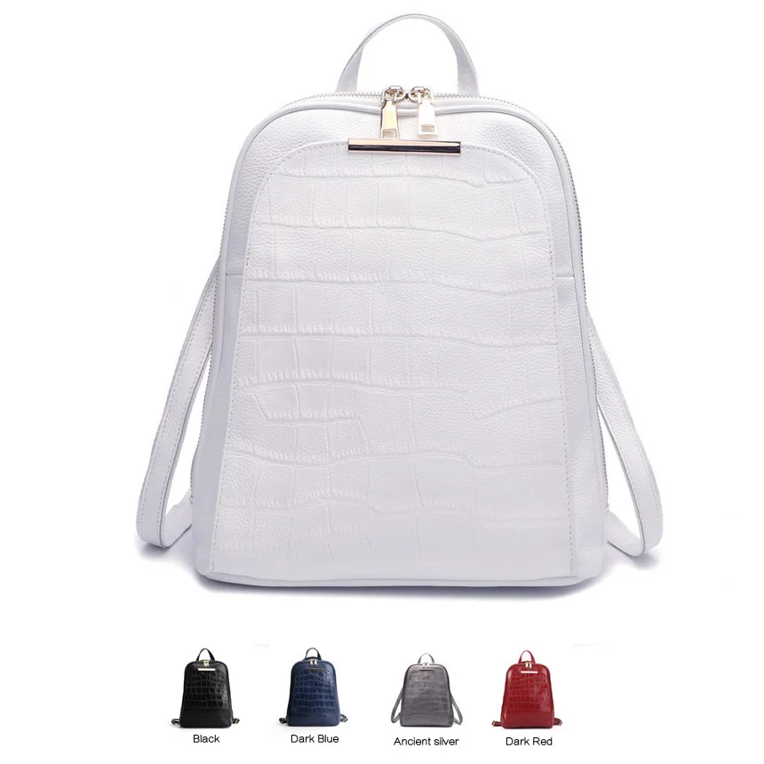 

2023 Popular Natural 100% Real Genuine Cow Leather Everyday White Silver Women Backpack Ladies Girls Top Layer Cowhide Book Bag