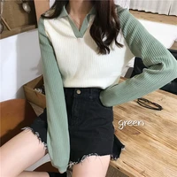 long sleeve streetwear outwear women patchwork turn down collar t shirts korean style new knitted all match loose trendy vintage