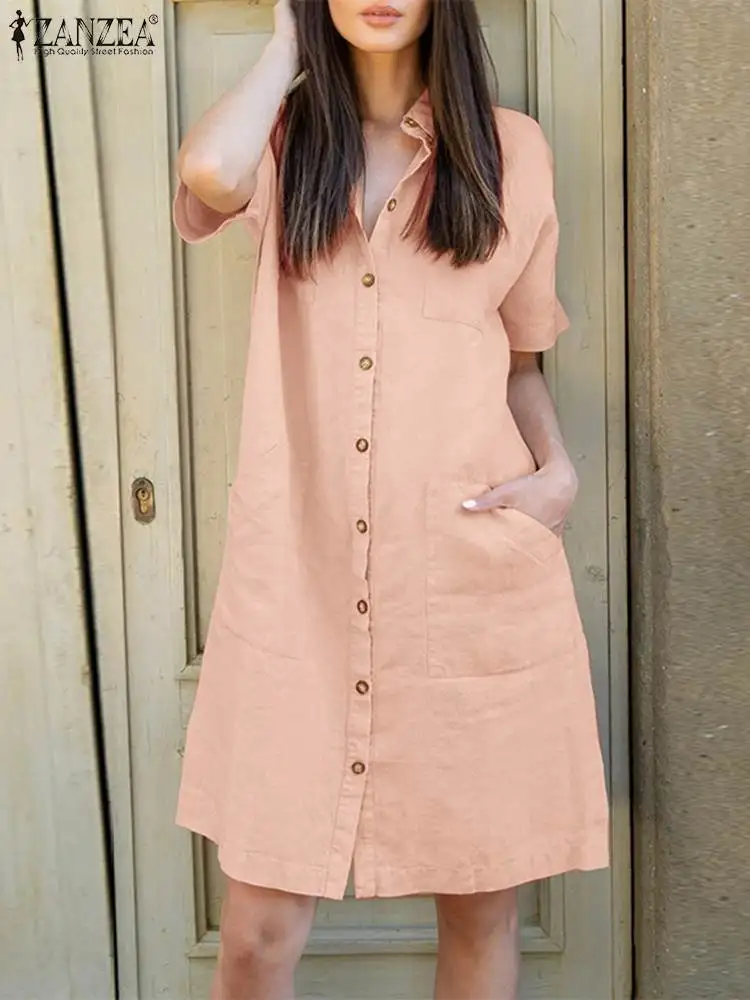 

Summer Lapel Shirt Dresses For Women 2023 ZANZEA Femme Elegant Work Dress Causal Short Sleeve Solid OL Vestidos Oversize Kaftan