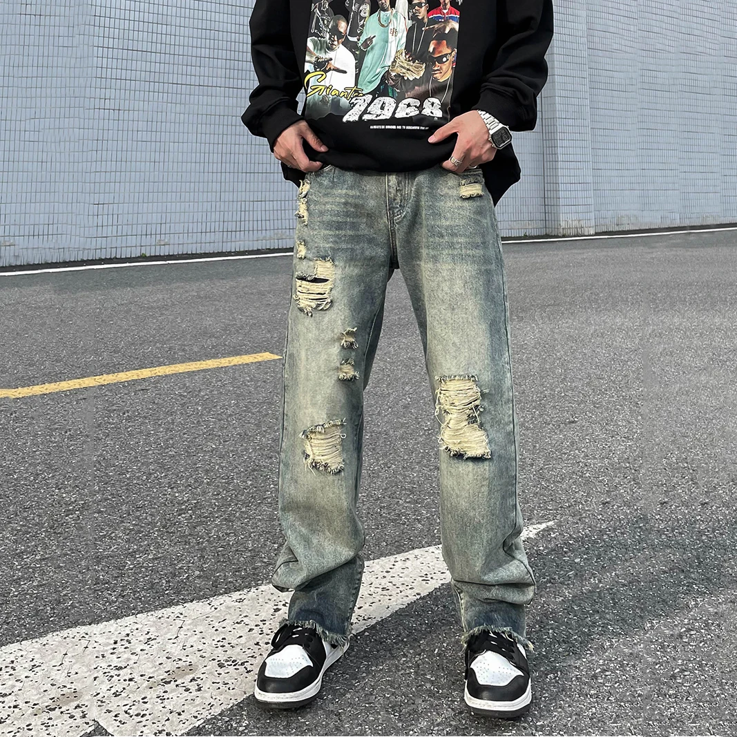 Men Jeans High Street Hip Hop Retro Hole Straight Loose Y2k Pants Loose Jeans Street Clothes Korean Fashion Street Clothes Jeans