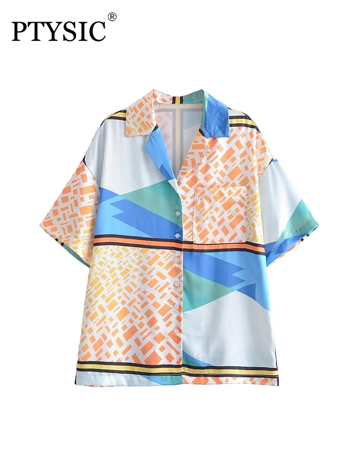 

PTYSIC Women Fashion Color Matching Geometric Shirts Straight Lightweight Short Sleeve Streetwear Casual Female Tops