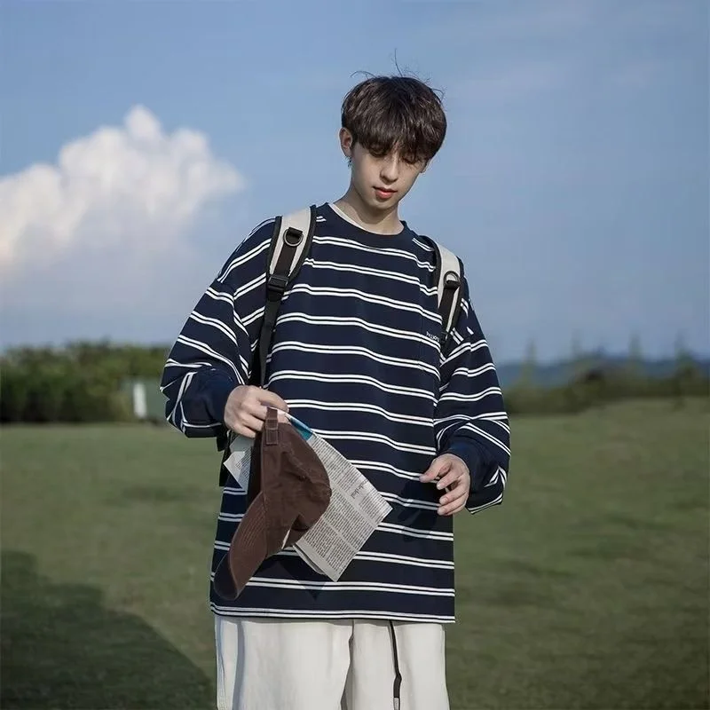 

Sweatshirts Pure Cotton Striped Sweater Men's Autumn Long-sleeved T-shirt Round Neck Pullover Tops Loose Bottoming Shirt