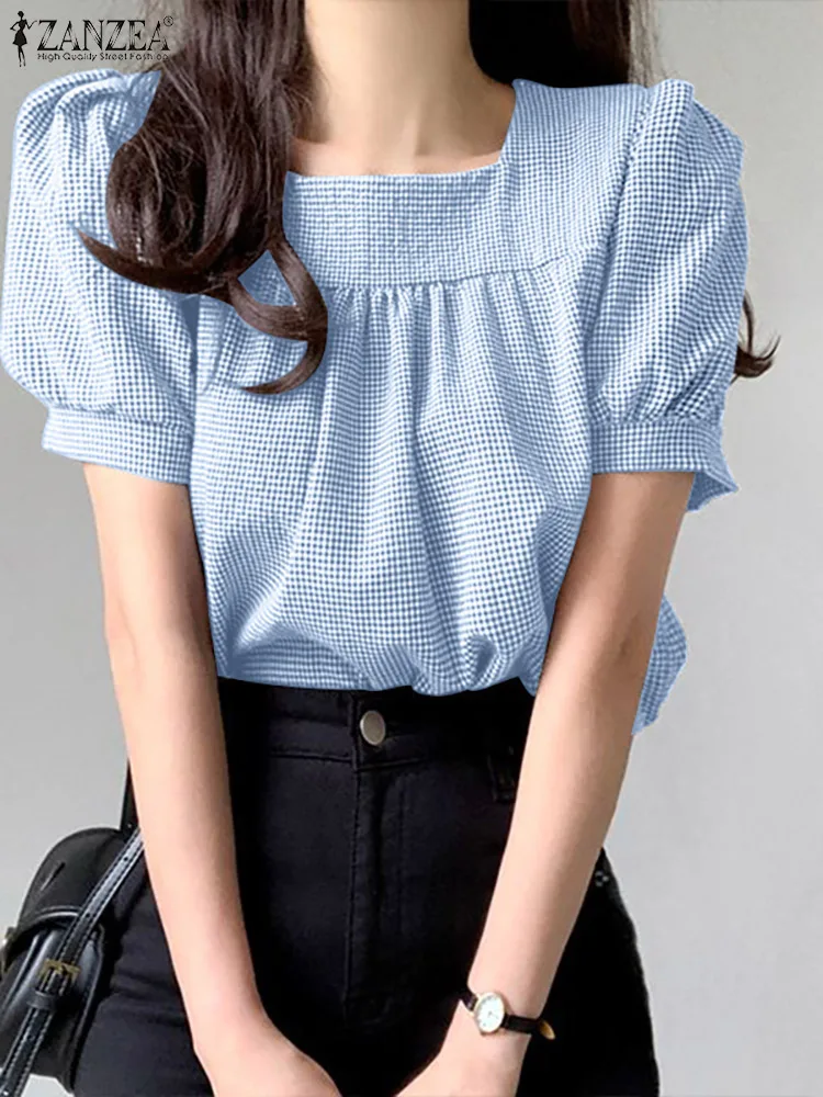 

Блузка ZANZEA Женская в клетку, элегантный топ с пышными рукавами, квадратный вырез, Повседневная Туника, большие размеры, лето 2022