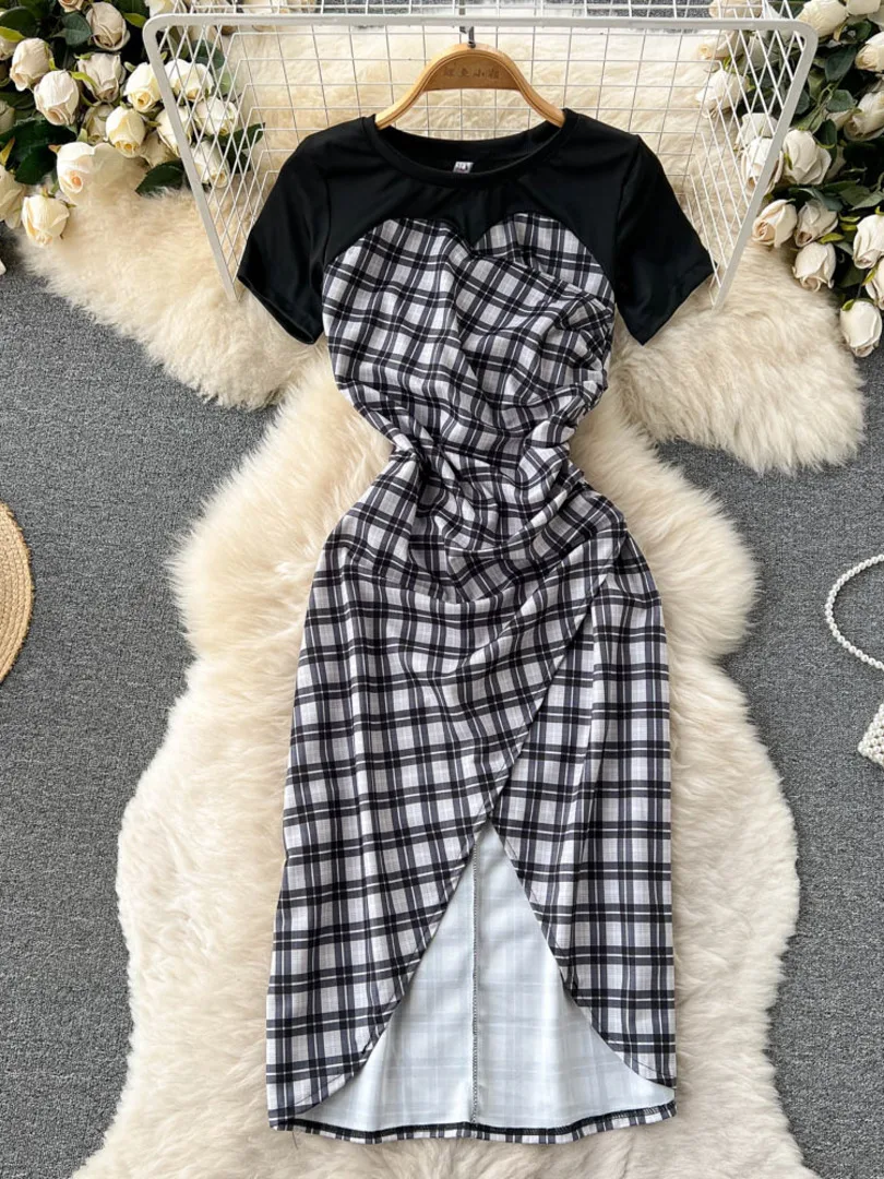 

Women Elegant Plaid Print Patchwork Party Dress Fashion O-neck Short Sleeve Folded Front Cross Split Midi Vintage Dress Summer