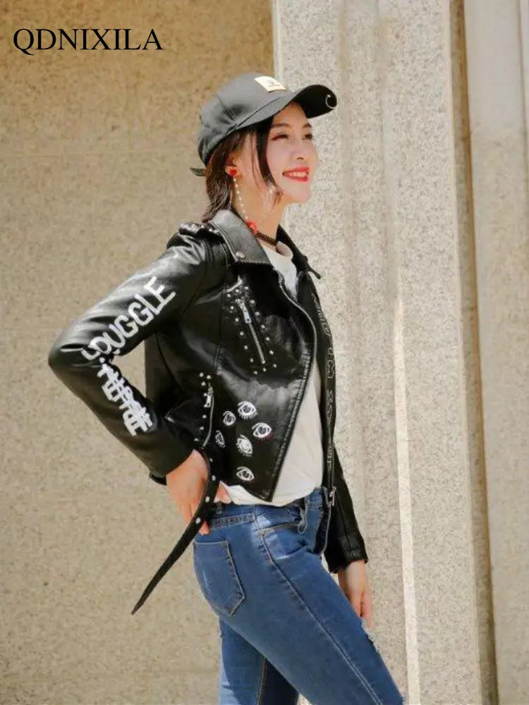 Women's Leather Jacket 2023 New Outerwear Asymmetric Zip Leather Jackets Print Rivet Rock Women's Moto Biker Zipper Jacket