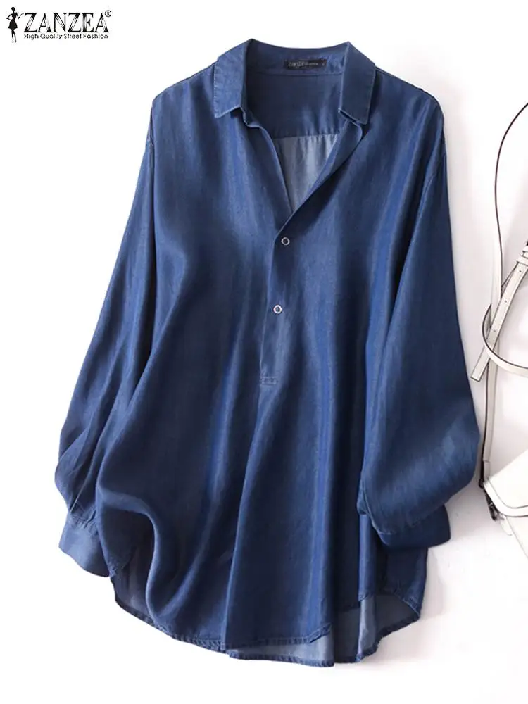 

Oversized Elegant Solid Denim Blue Tops Tees Female Solid Loose ZANZEA Fashion Women Shirts Blouse Lapel Long Sleeve Blusa Femme