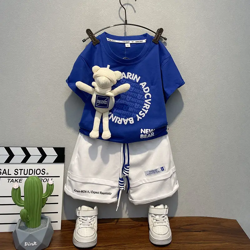 Boys Summer Suit 2022 New Foreign Handsome Baby Summer Fashionable Trendy Children's Short-Sleeved Clothes