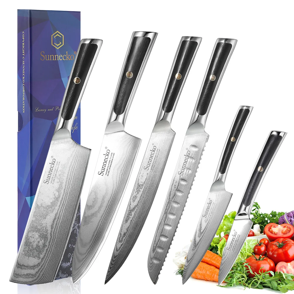 

Elite 1-6PCS/Set Chef's Knives VG10 Damascus Steel Blade Cut Utility Paring Santoku Bread Slicing Kitchen Knife Cutlery Tools