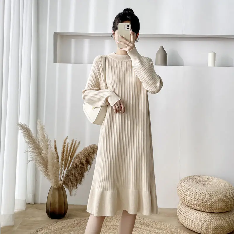

Женское вязаное платье-свитер, однотонное плотное вязаное платье во французском стиле с круглым вырезом, модель F286 на осень-зиму 2022