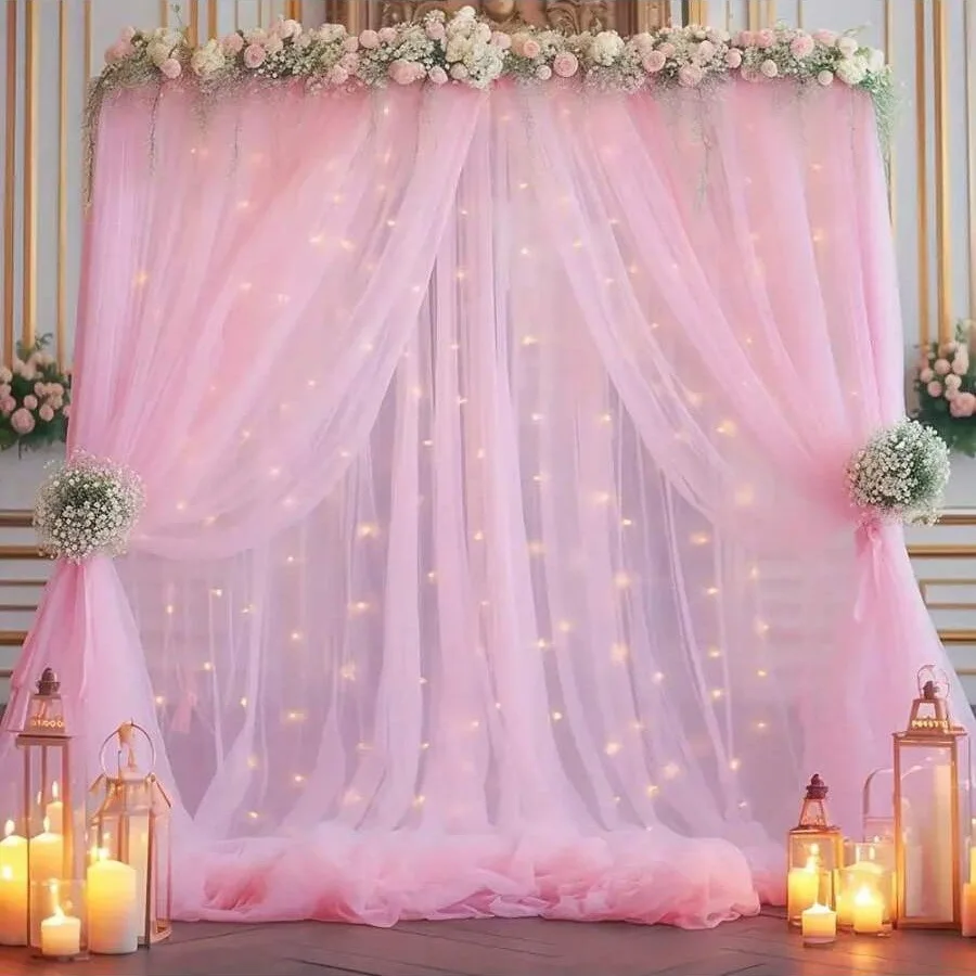 Набор из 1 комплекта тюлевых занавесов для свадебного декора, 2 шт. прозрачных драпировок 1,6×3 м с USB-гирляндами 3×3 м для фотозоны на свадебной вечеринке (art.: 3920dc0633fae) - 3920dc0633fae