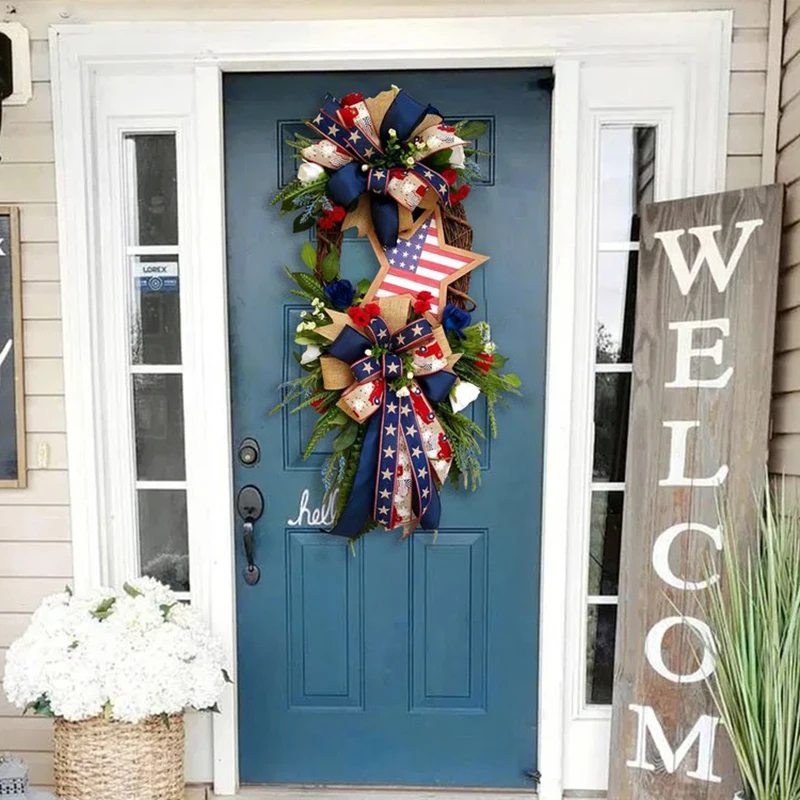 

Дверной венок на День Независимости, подвесной венок, гирлянда для входной двери, памятный день 4 июля, венки, украшение для крыльца, домашни...