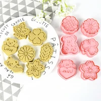 8pcs cookie cutters plastic 3d flower leaves bear shape biscuit mold cartoon pressable fondant stamp kitchen baking pastry tools