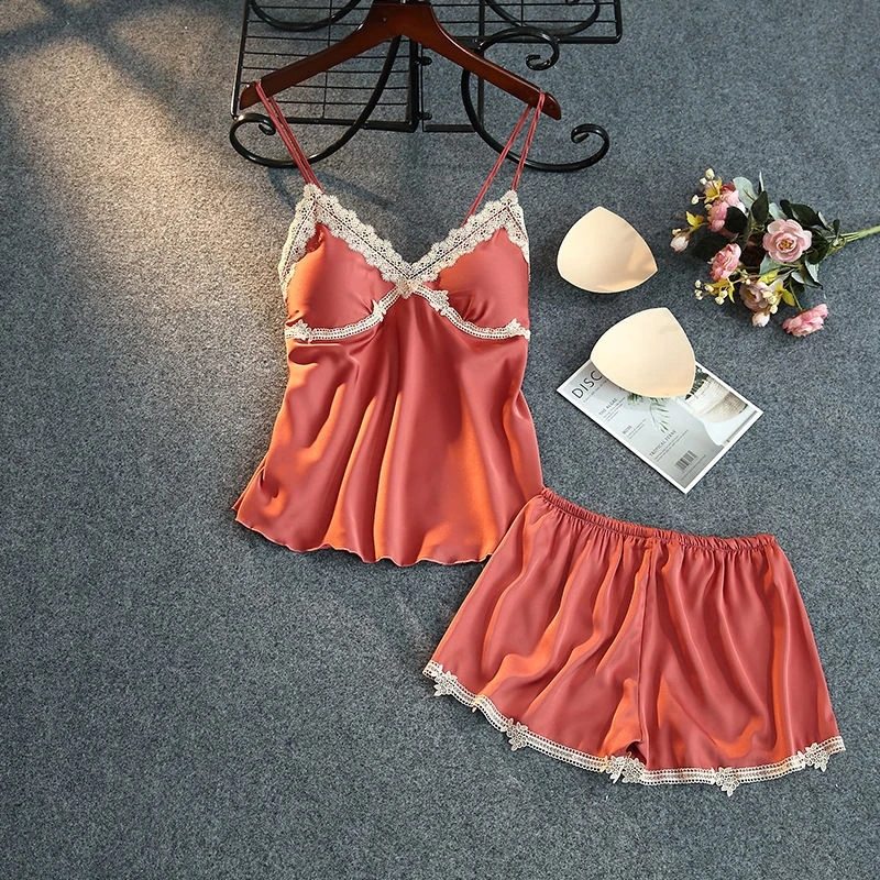 

Summer New Pajamas Women's Ice Silk Suspender Shorts Suit Pyjamas Sexy Lace Chest Pad Nightwear