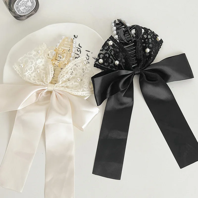 

2022 Autumn New Bow Ribbon Hairpin Elegant Large Lace Shark Clip Hair Accessory for Woman Girl Jewelry Christmas Gift