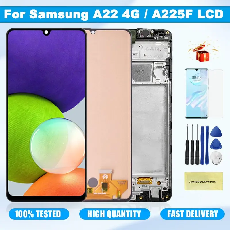 

Super AMOLED For Samsung Galaxy A22 4G A225 SM-A225F SM-A225F/DS LCD Display Touch Screen Digitizer Assembly Parts With Frame