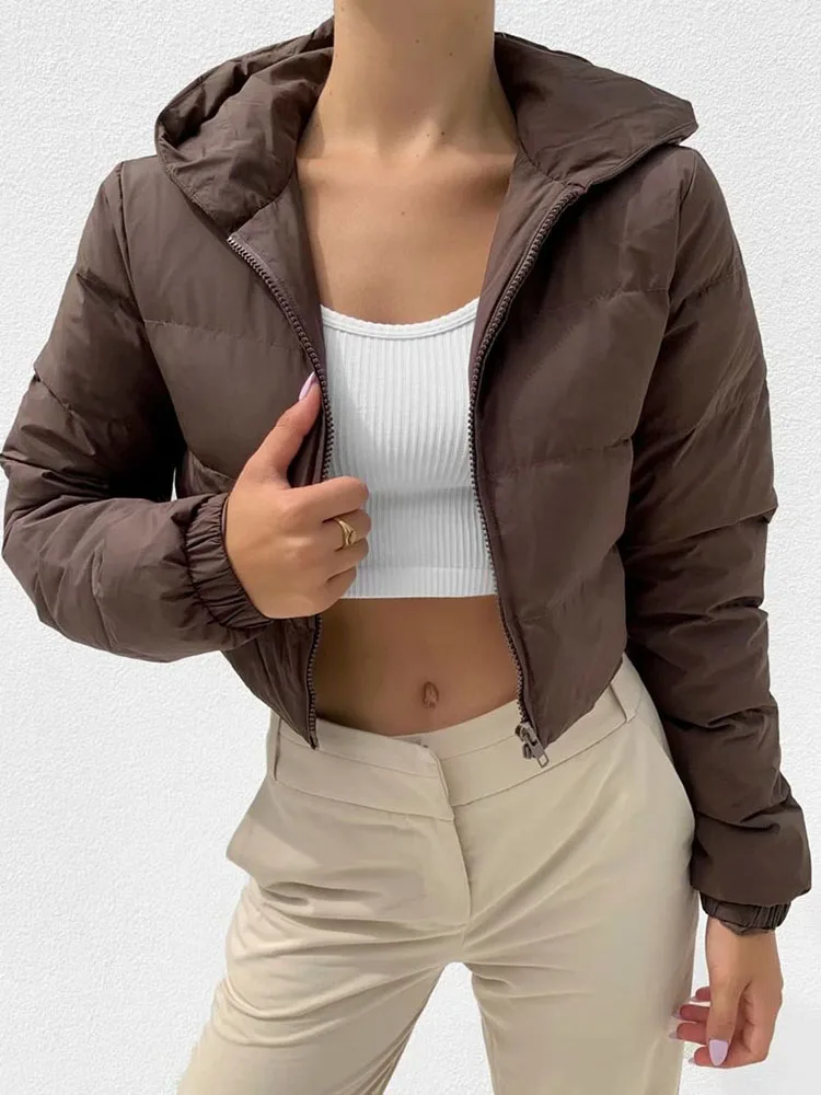 Autumn Winter Women Cotton Padded Jacket Elegant Solid Color Cropped Puffer Soft Warm Coat Fashion Ladies Hooded Short Outerwear