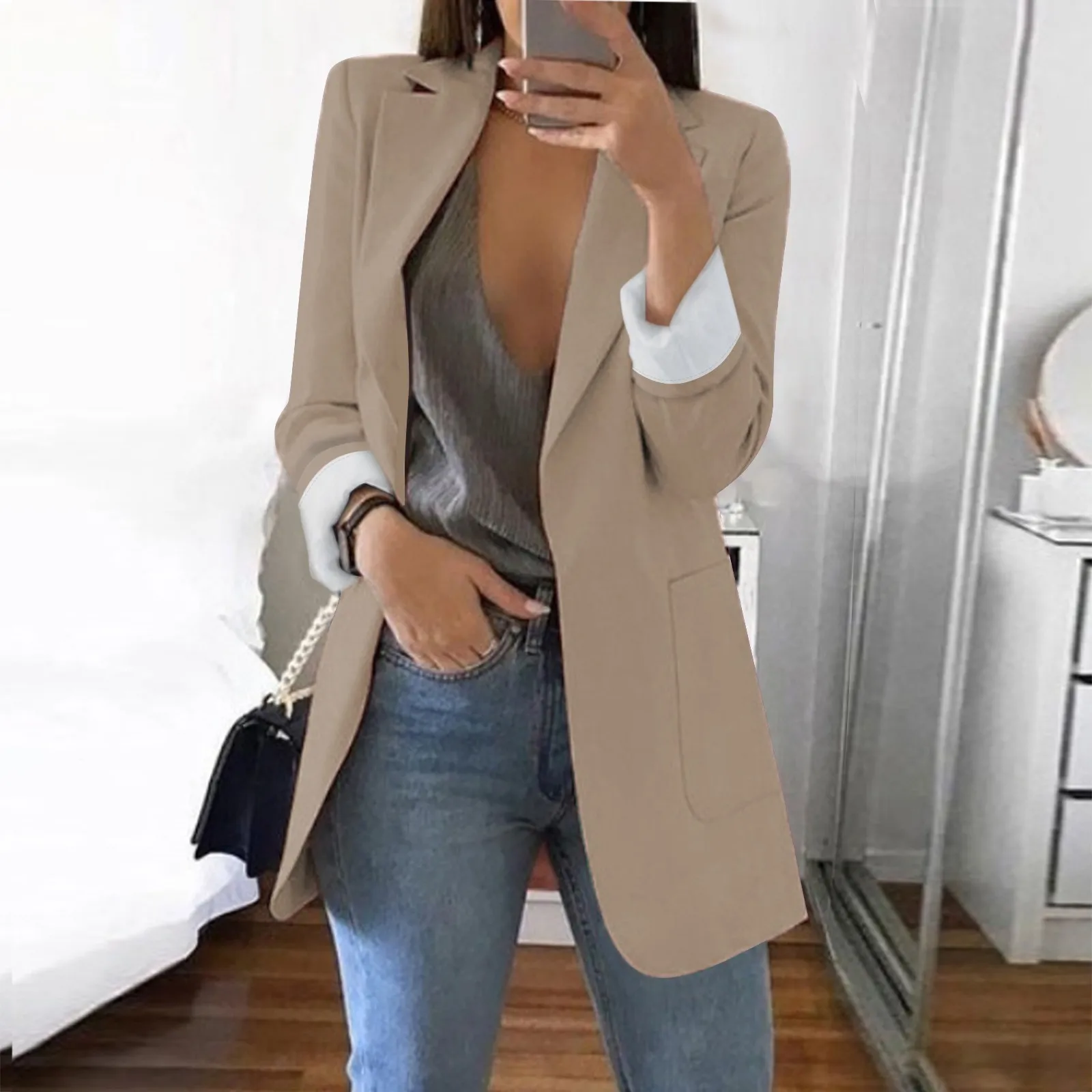

Ladies Blazers Jacket Spring Autumn Female Loose Office Long Sleeve Plain Lapel Color Coat Loose Leisure Clothes