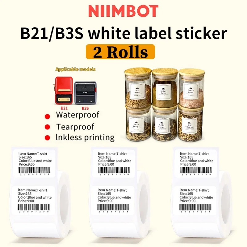 

[2 Rolls] Niimbot B21/B3S White Thermal Label Paper Price Food Self Adhesive Labelsticker Code Paper Waterproof