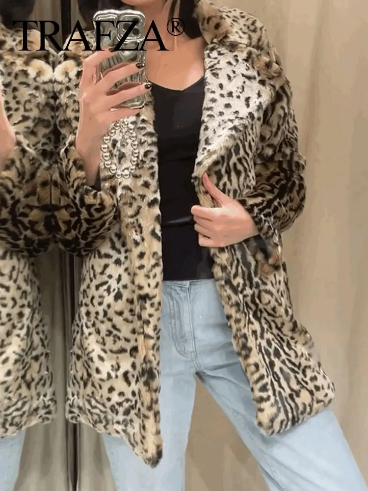 TRAFZA женская однобортная куртка с леопардовым отложным воротником и длинными
