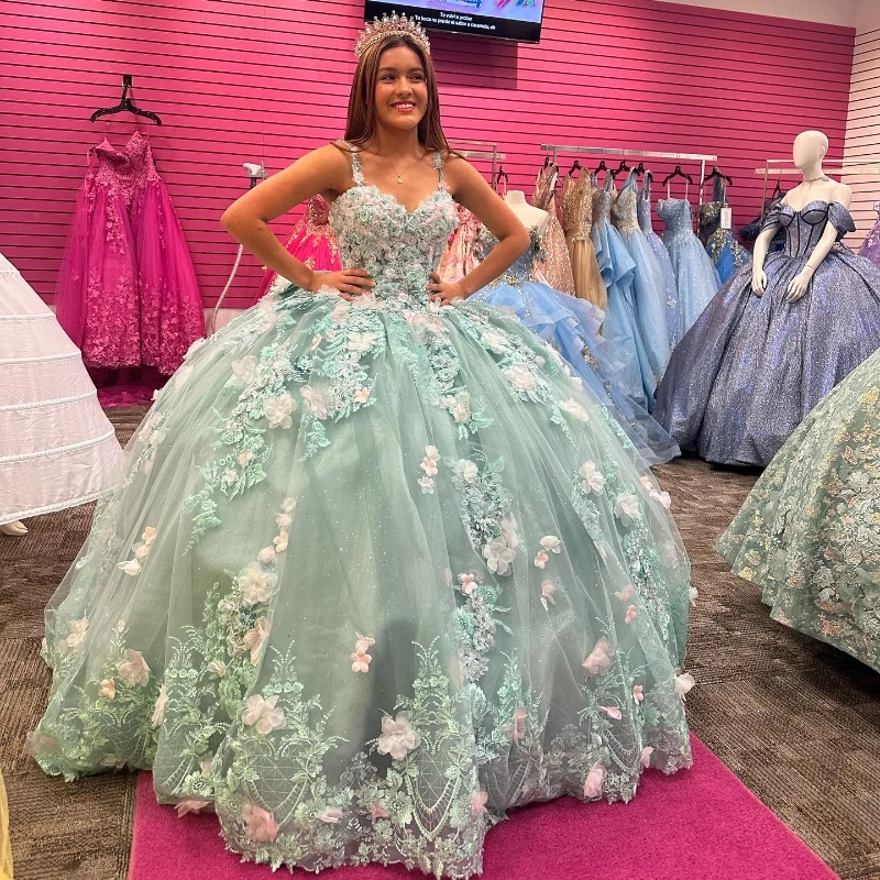 

Light Green Ball Gown Quinceanera Dresses Beads Sweetheart Applique 3DFloral Brithday Dance Party Vestidos 15 De Quinceañera