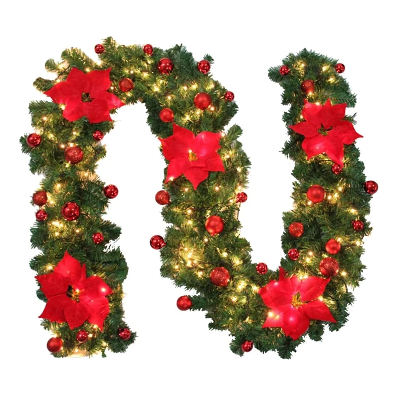 9 Ft Pre-Lit Garland Christmas Illuminated LED Light Flower Ball Decoration Pine Cone Xmas Wreath Stairs Fireplace (Red)