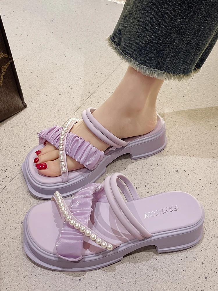 

House Slippers Platform Shoes Med Slides String Bead Slipers Women Fashion Shale Female Beach 2023 Luxury Flat Sabot Cotton Fabr