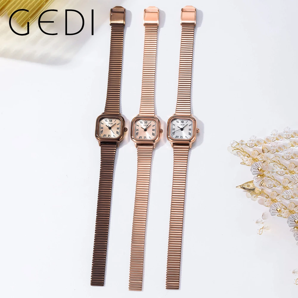 GEDI Coffee Gold Stainless Steel Women Watches Luxury Bamboo Joint Strap Waterproof Ultra-thin Ladies Watch Fashion Quartz Clock