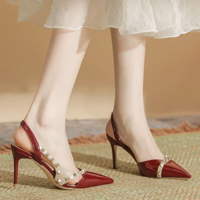 

New Women's Pumps Pointed Toe Sandals Rivets Patent Leather High Heels Slingbacks Thin Heel Dress Shoe Red Stilettos Black 1364N
