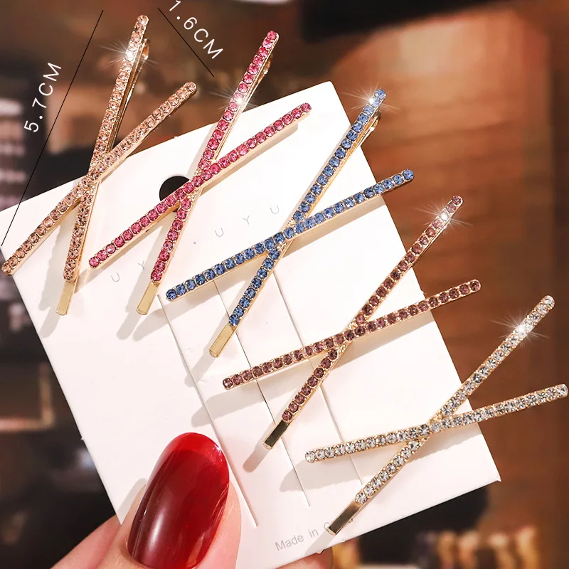 Colorful Crystals Hairgrips X-shaped Colored Rhinestone Hairpins Metal Bangs Clip Hair Accessories Diamond Bobby Pin Headwear