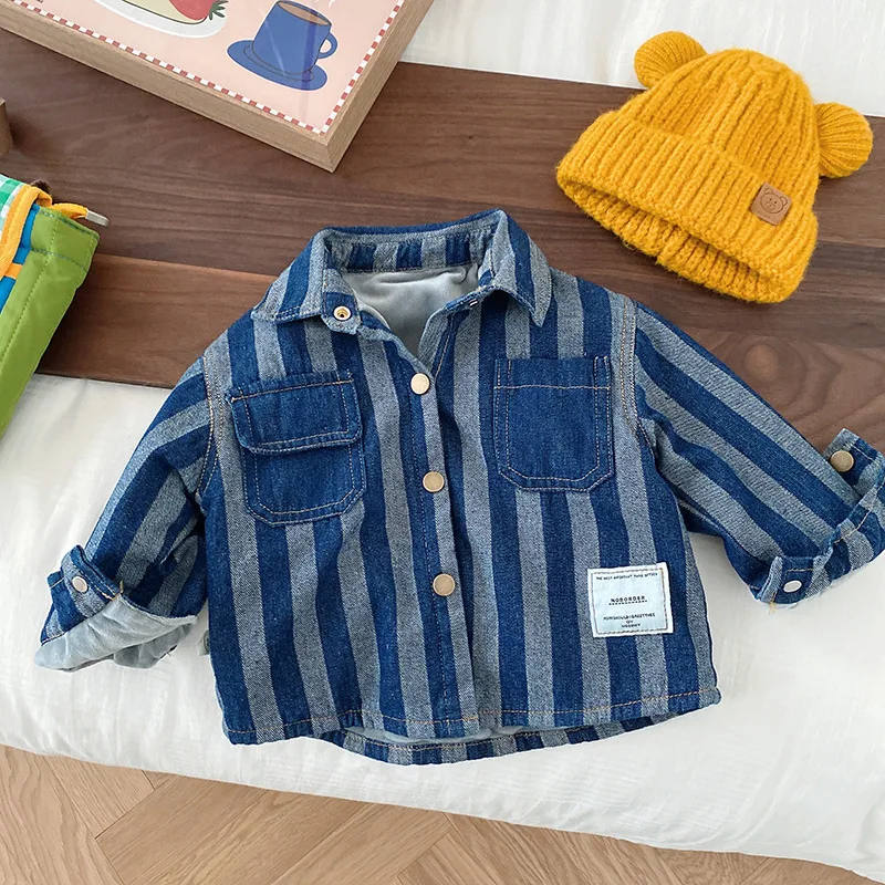 

2022 Autumn Winter New Boy Children Plus Velvet Shirts Girl Baby Retro Cardigan Thicken Long Sleeve Tops Coat Kid Cotton Jacket