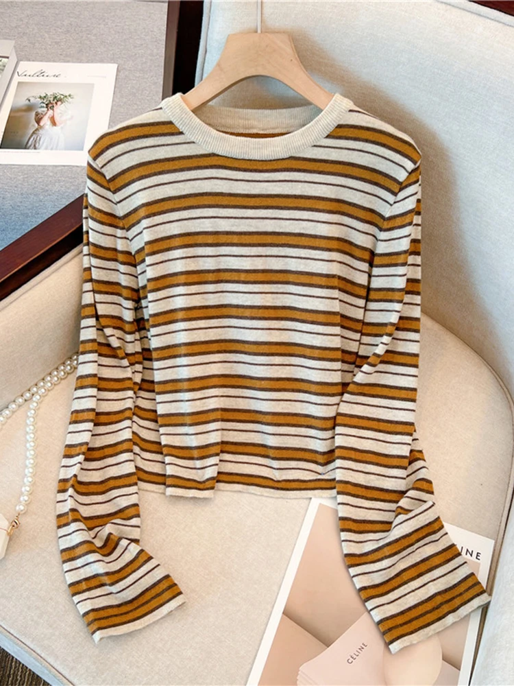 

Женский вязаный пуловер в полоску, свитер с длинным рукавом и круглым вырезом в Корейском стиле, джемпер для осени и зимы, 2022