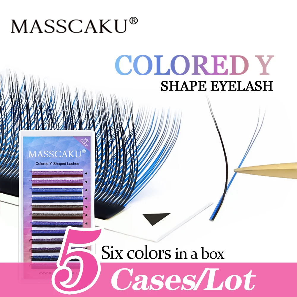 5case/lot MASSCAKU Wholesale Rainbow Color Y-Shape Lashes Professional Natual Individual Eyelash Extensions Purple Borwn Y Desig