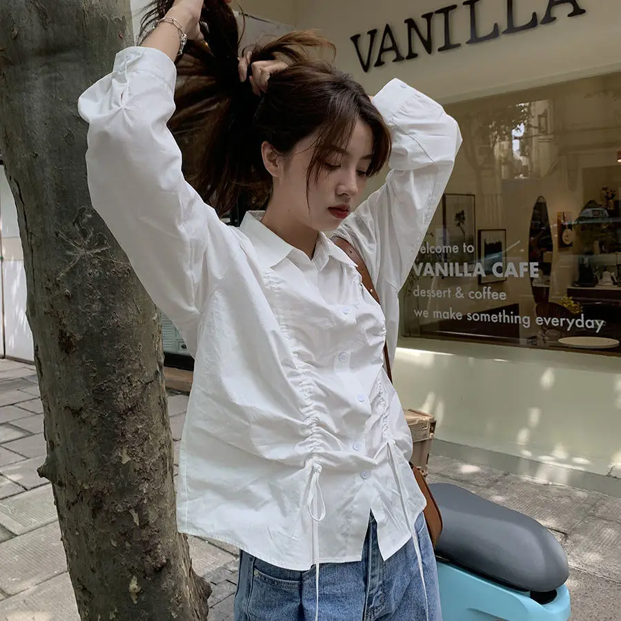 

2022 Women Spring Autumn New Long Sleeve Blouses Female Drawstring Loose White Shirts Ladies Single Breasted Casual Shirts U317