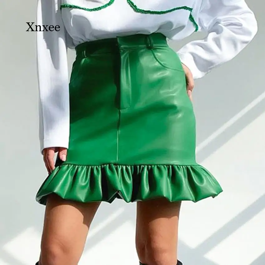 

Мини-юбка из ПУ кожи с высокой талией и оборками