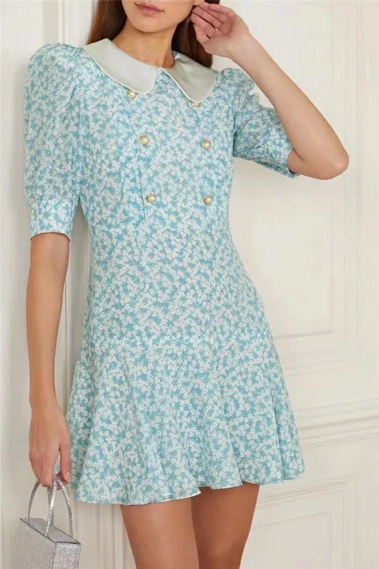 

Women Fresh Blue Print Doll Collar Short Sleeve 100% Silk Short Dress