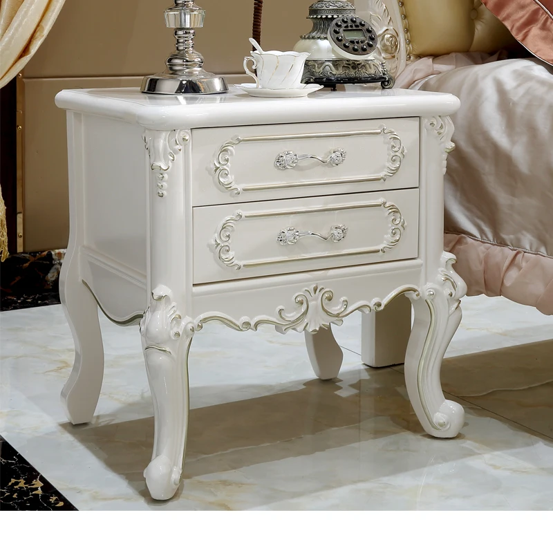 

European Bedside Table French Bedroom Bedside Table Pastoral Carved Drawer Lockers Wood Solid White Ivory White Drawer Number