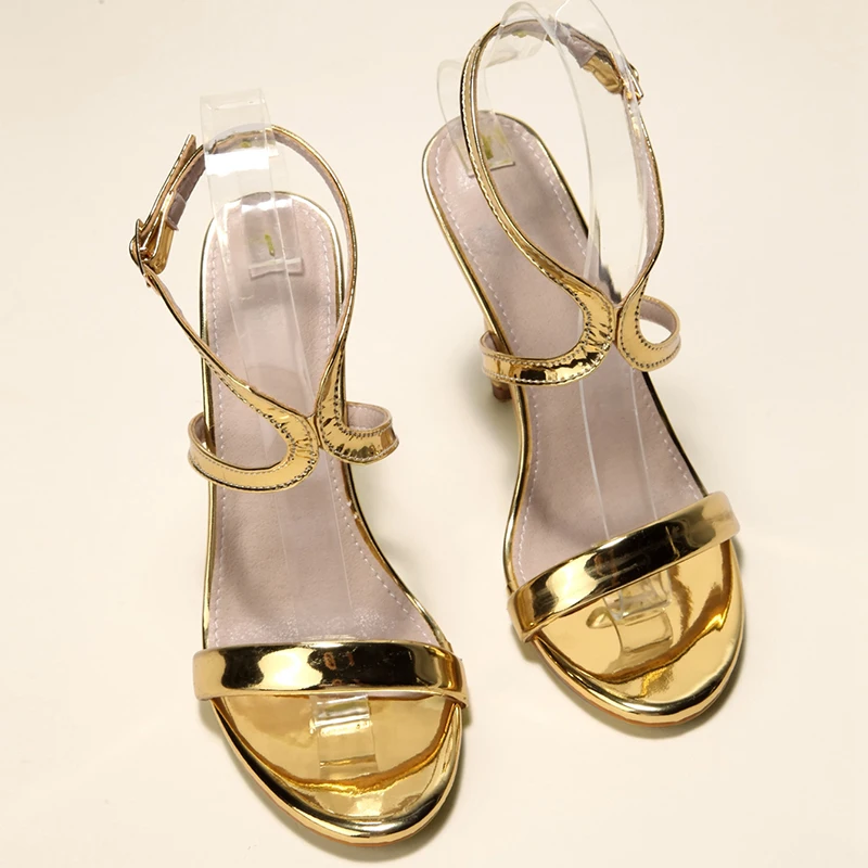Round Toe Stiletto Gold Women's Sandals Cross Straps Hollow Buckle Slingback Women's Pumps Summer Solid Color Simple Dress Shoes