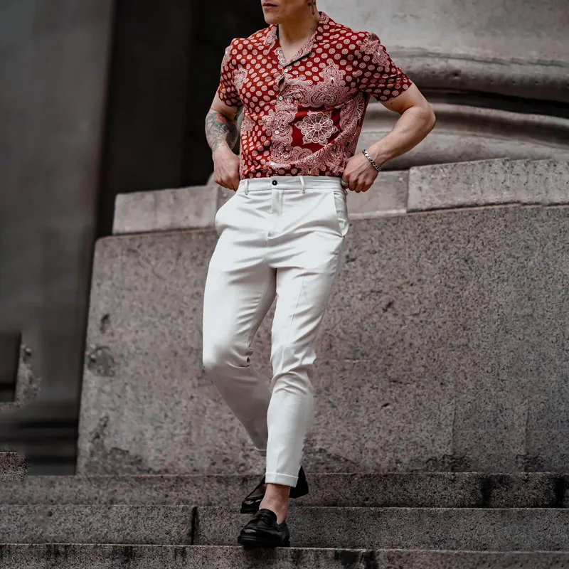 Summer Shirt Men's Fashion Slim Printed Shirt Top Men's Casual Short Sleeve Single-Breasted Turn-down Collar T-shirt Shirt