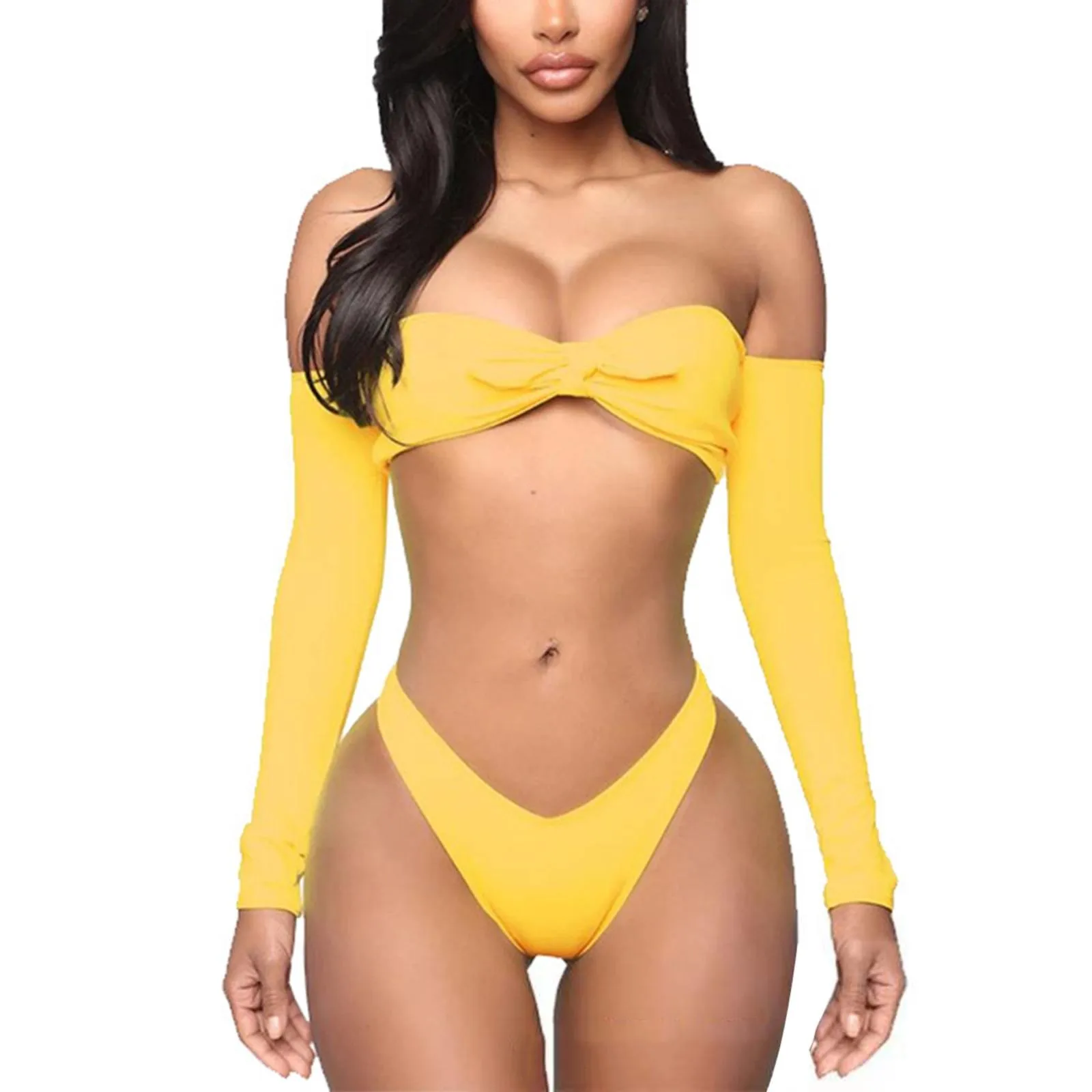 

Женский однотонный комплект бикини с бантом и длинным рукавом