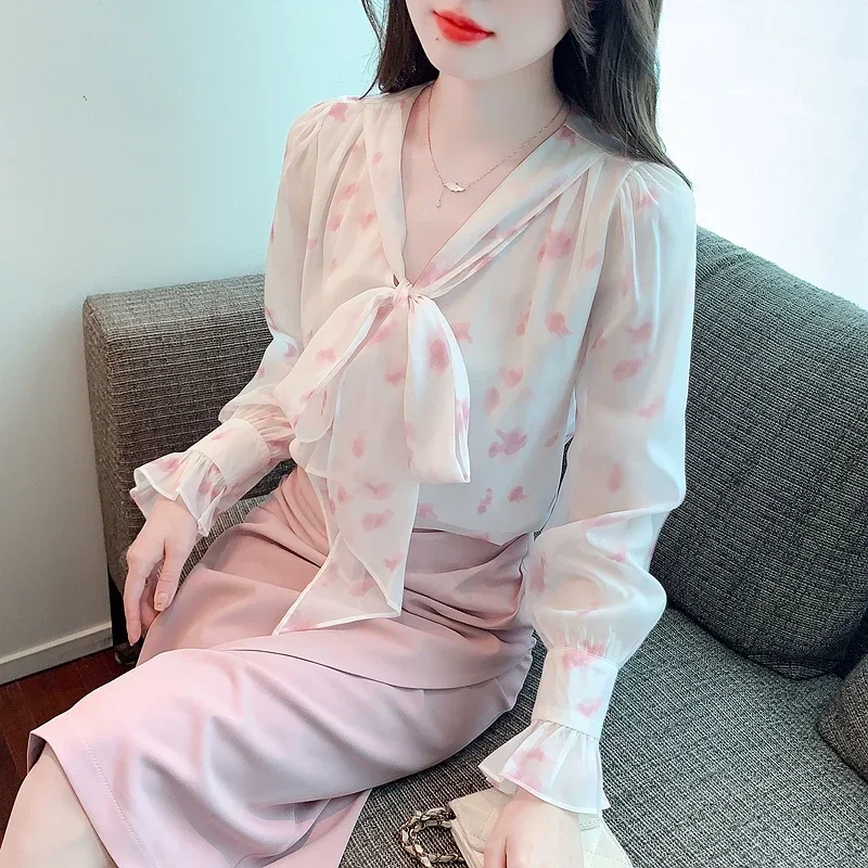 Новая женская рубашка с бантом и воротником-стойкой шифоновая длинным рукавом