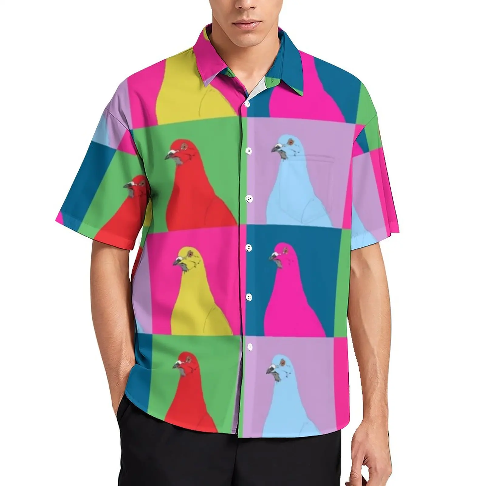 

Animal Pop Art Vacation Shirt Men Pigeon Factory Casual Shirts Hawaii Short-Sleeve Custom Vintage Oversize Blouses Birthday Gift