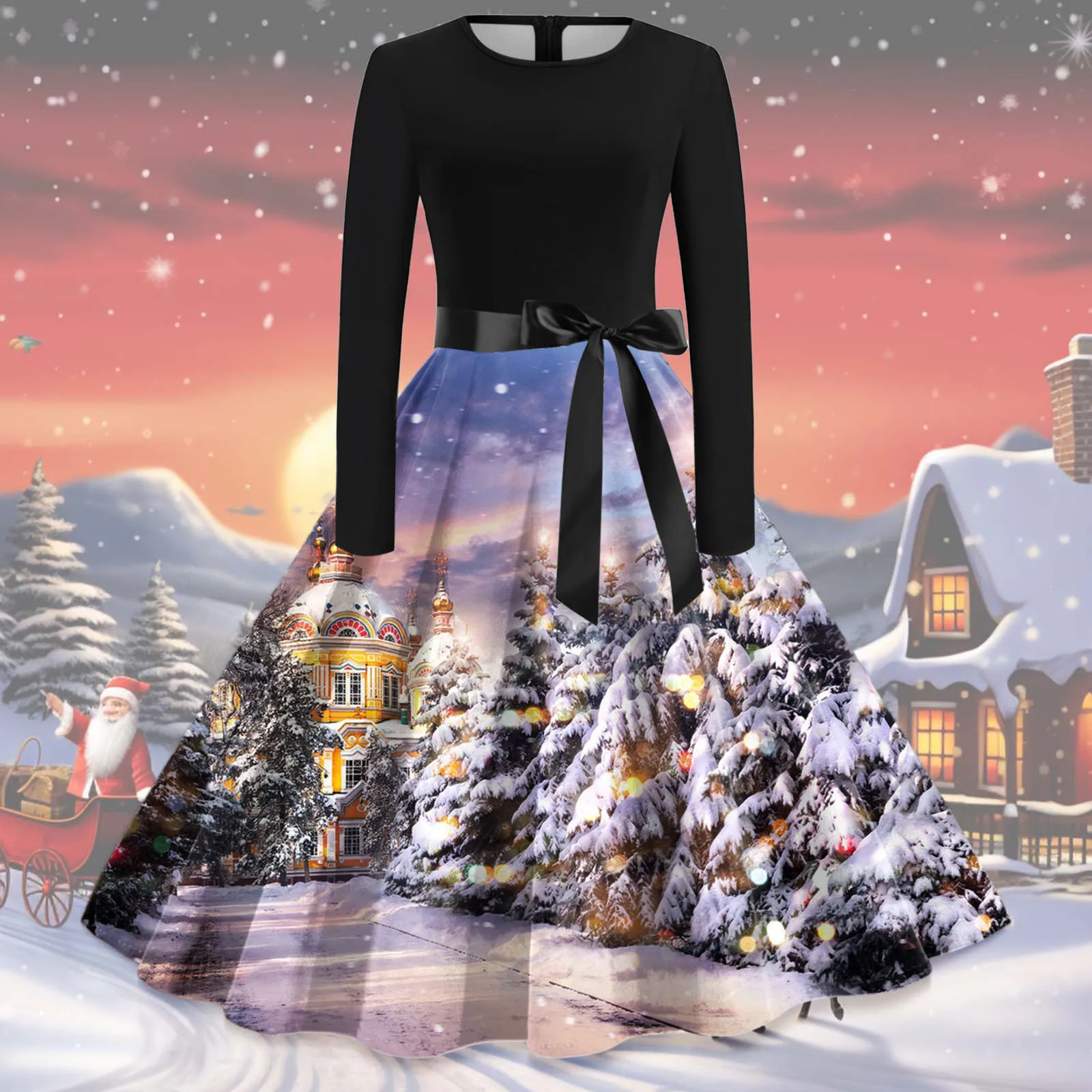 

Женское платье с длинным рукавом и круглым вырезом