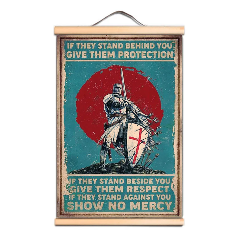 

Knights Templar canvas scroll painting, vintage living room entrance hall hanging banner, room & office wall decor painting