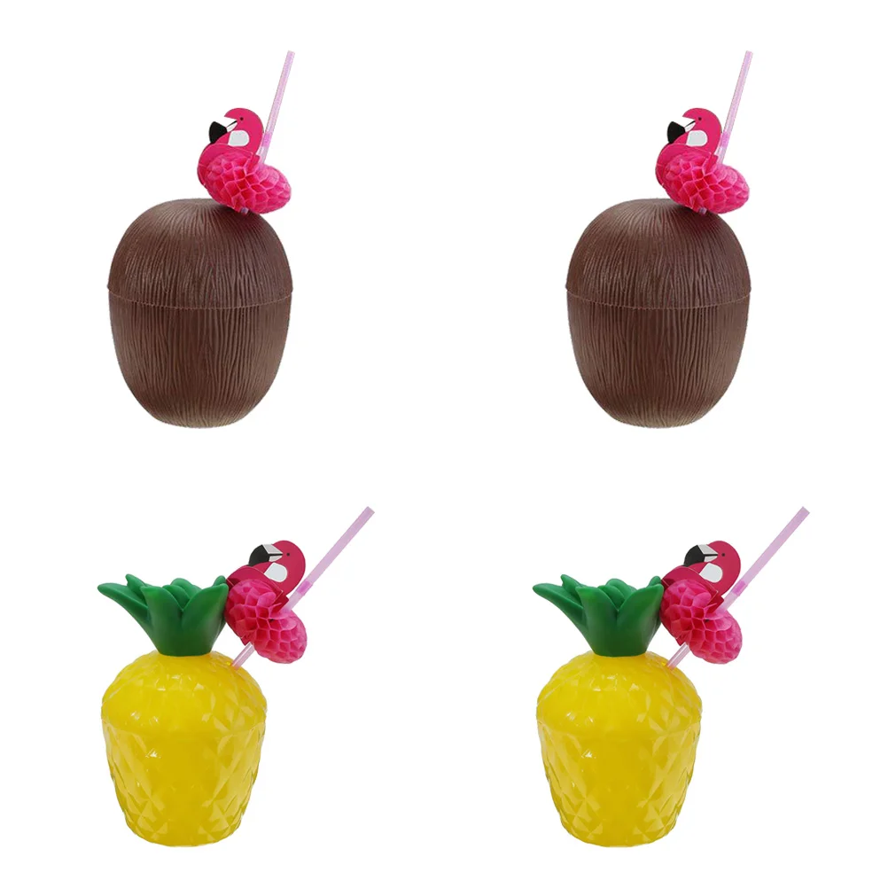 

4 Sets Pineapple Drink Cups Tropical Party Plastic Coconut Cups Party Supplies Set with Random Color Flamingo Straws for Luau
