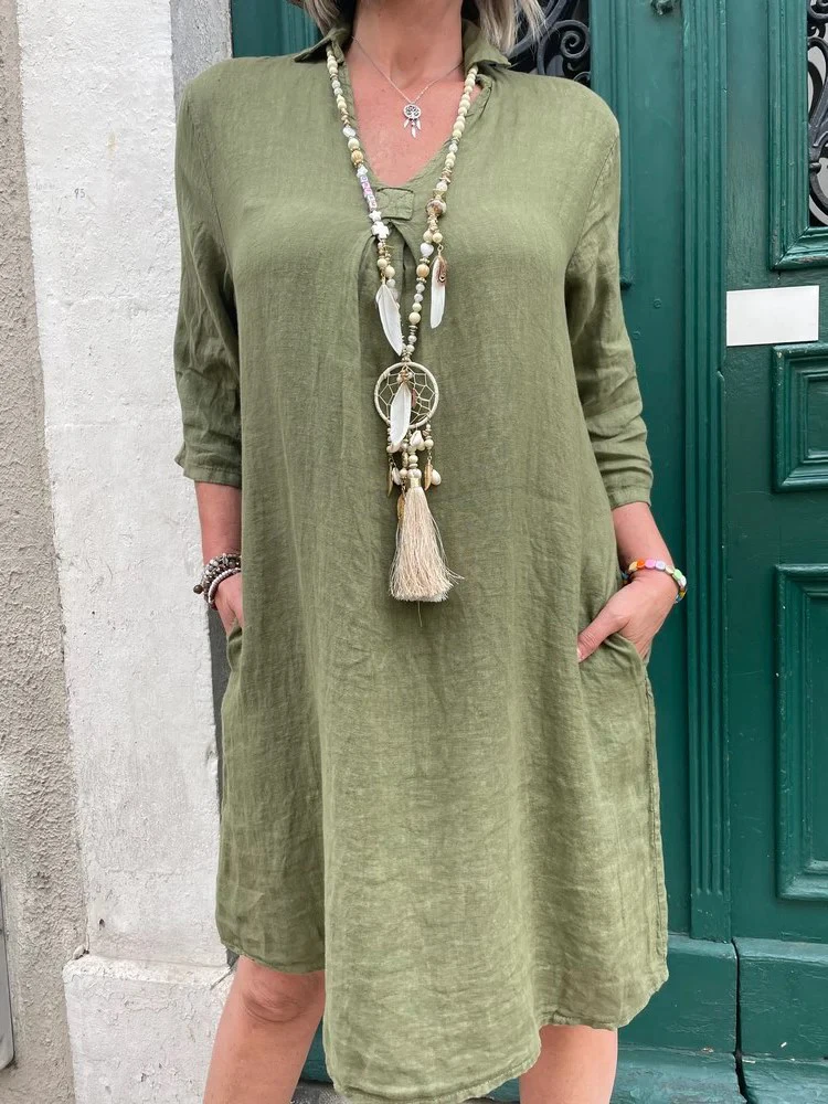 

Платье-рубашка из хлопка и льна в ретро-стиле, платье-пуловер с рукавом 2022 и карманами, элегантное женское свободное вечернее мини-платье с V-...