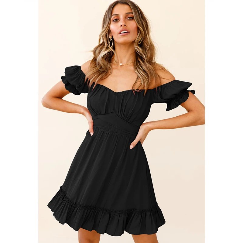

Solid Color One Word Neck Ruffle Short Sleeve Dress Fashion Women's Dresses Square Collar Sexy Casual Temperament Sweet Mini