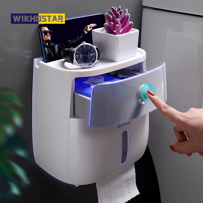 

WIKHOSTAR Wall Mounted Toilet Paper Holder Waterproof Roll Paper Shelf Tissue Box Bathroom Storage Rack Organizer