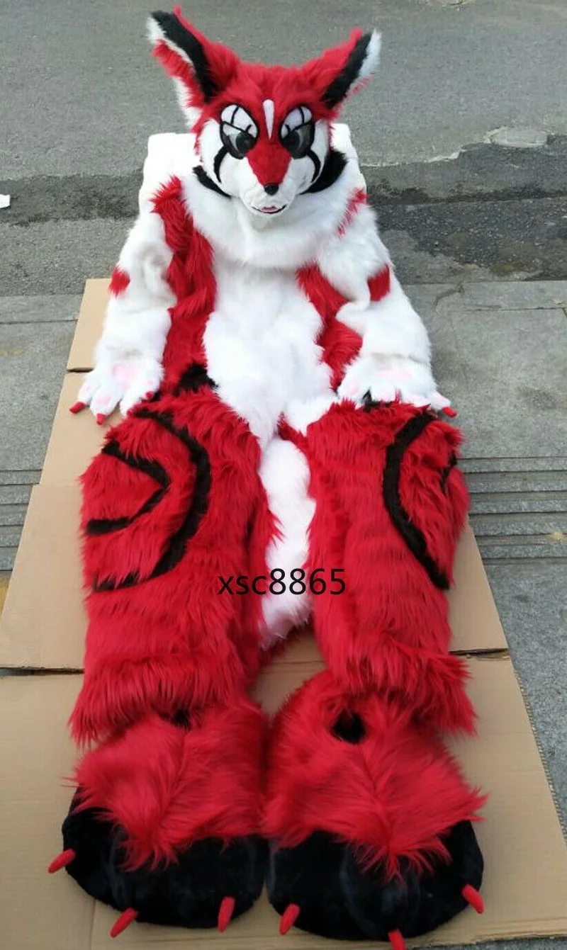 Костюм из лисы-маскота с длинным мехом хаски костюм для Хэллоуина Косплея |
