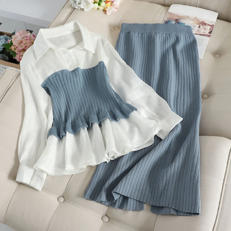 

Autumn Woman Patchwork Shirts Suits Female Two Piece Casual Sets Ladies Elegant Mid-Length Knitted Skirts Vintage Suits G347