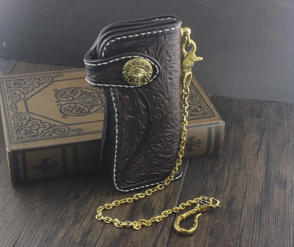 Винтажный Байкерский длинный кожаный кошелек ручной работы с резным кошельком и